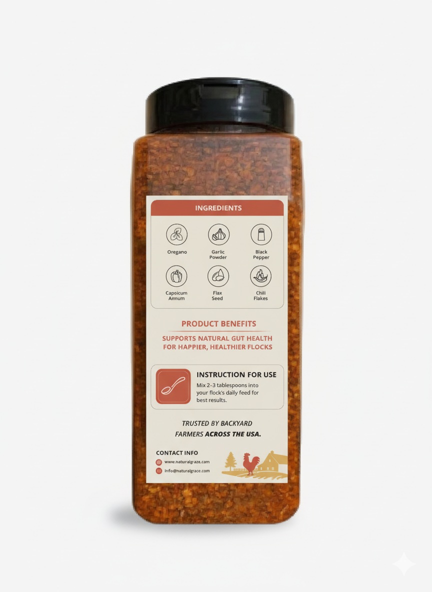 Jar of all-natural chicken dewormer powder with chili for flock health