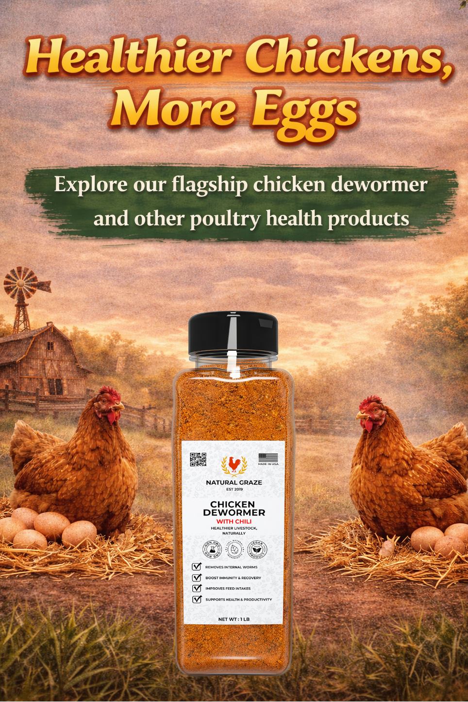 Advertisement for chicken dewormer with chickens and eggs in a farm setting